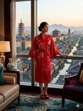 Red Satin Floral Embriodered Kimono with Front Tie Traditional Robe One Size